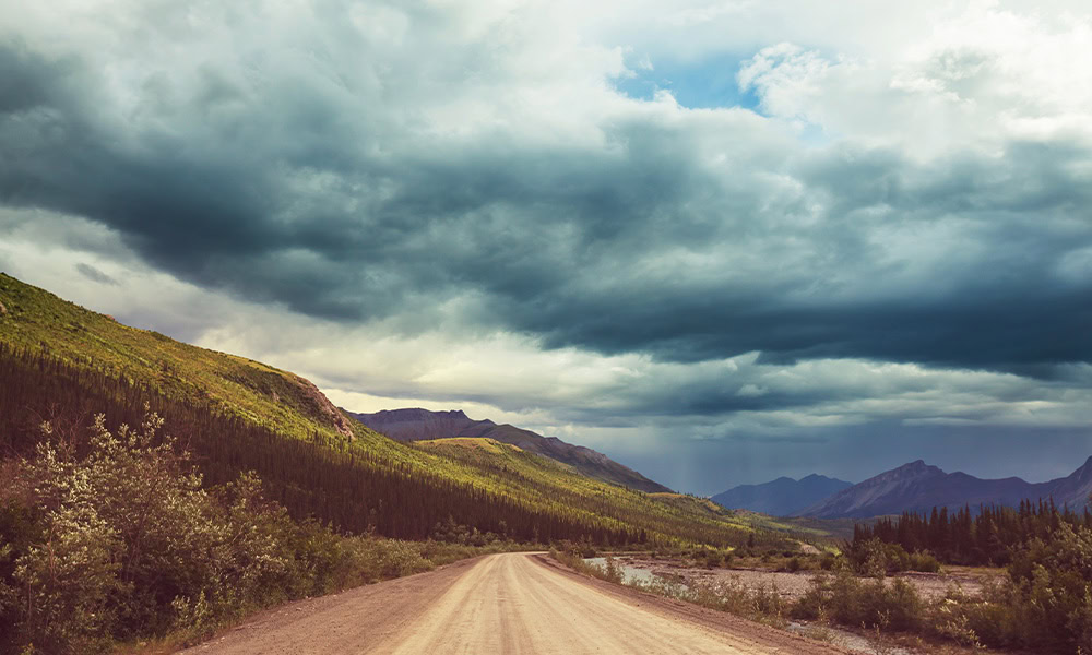 A dirt road with trees and mountains in the background