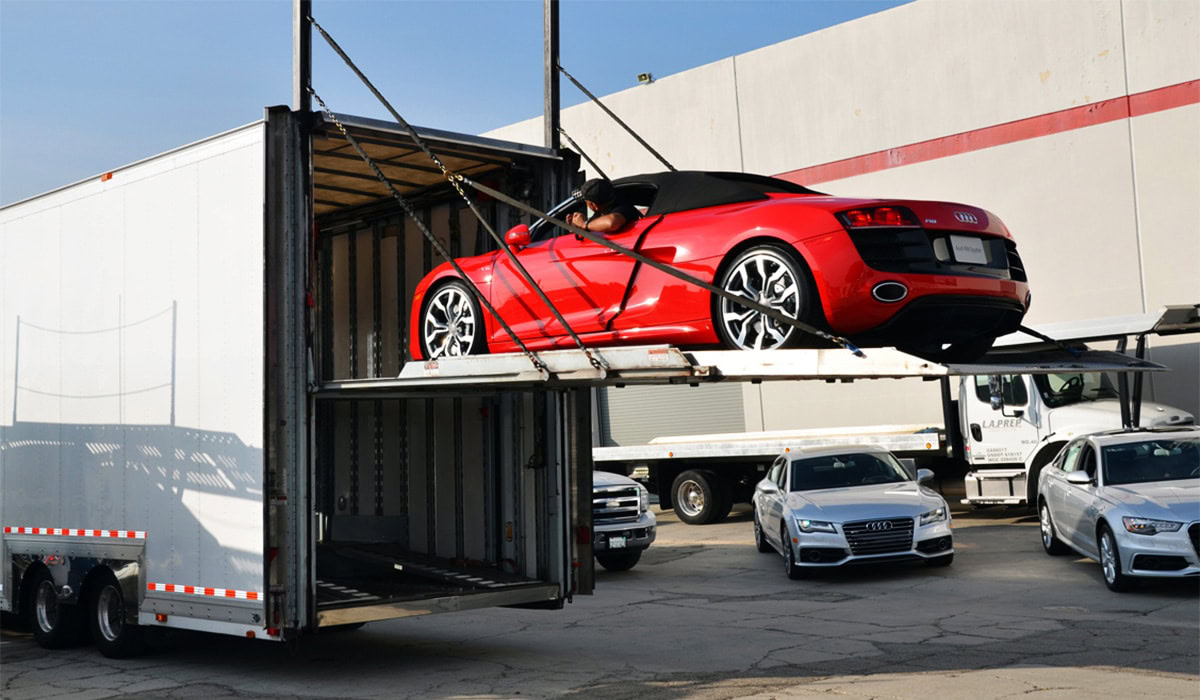 A red car on a trailer